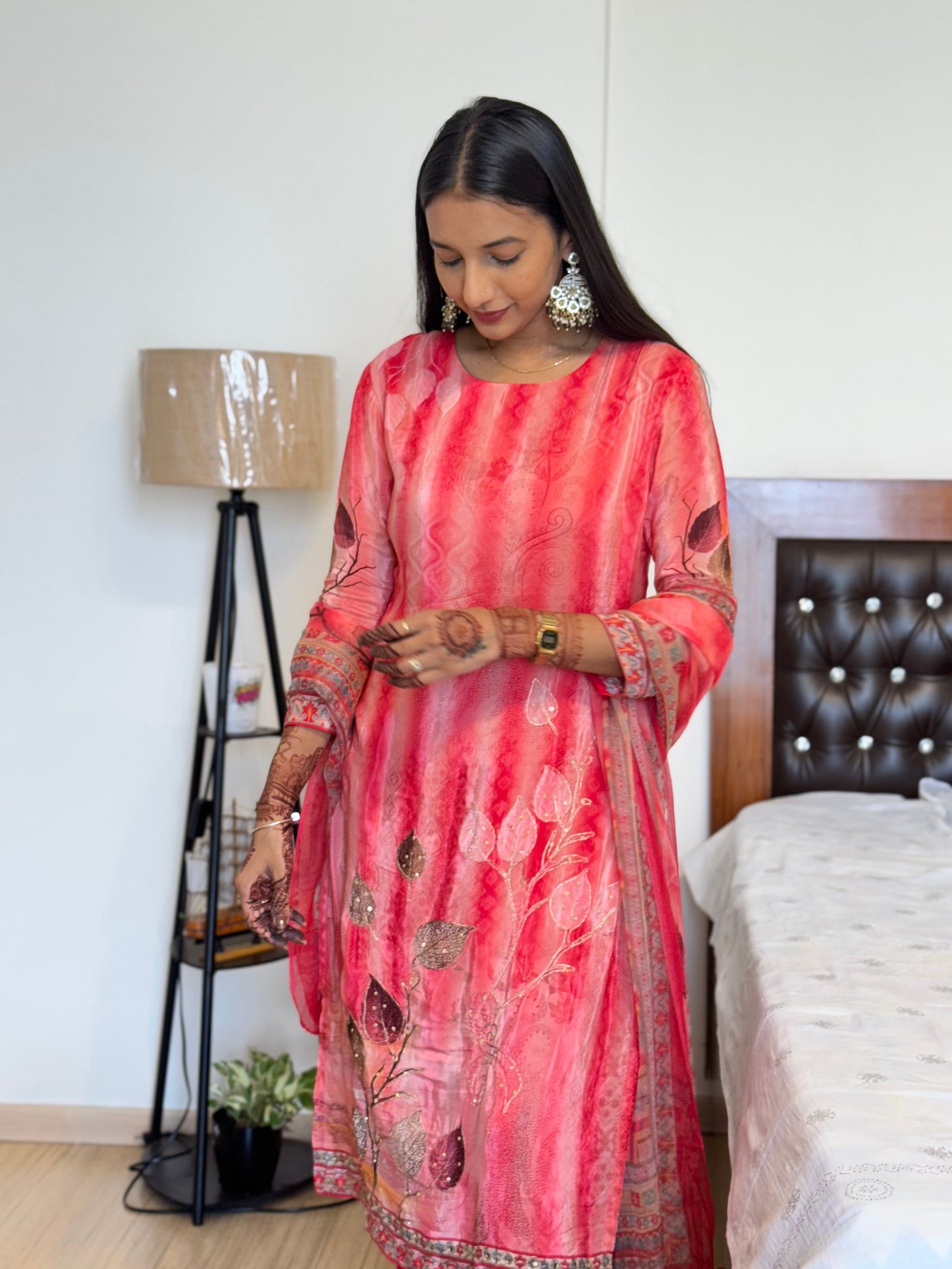#MBA2027 Coral pink crepe suit set with chiffon dupatta