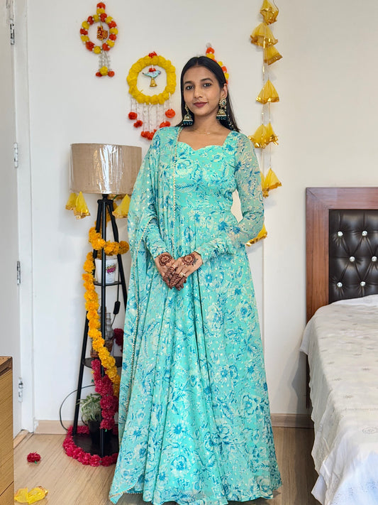 #MBA2029 Sea Green gold foil anarkali and dupatta