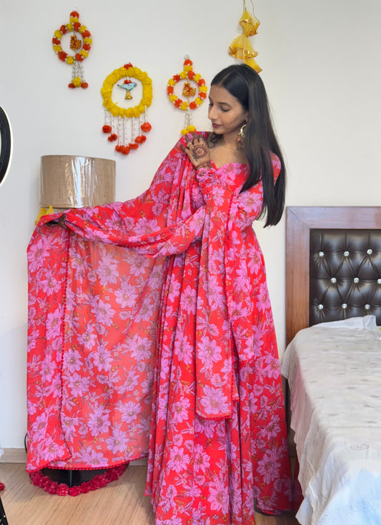 #MBA2030 Red-pink floral anarkali and dupatta