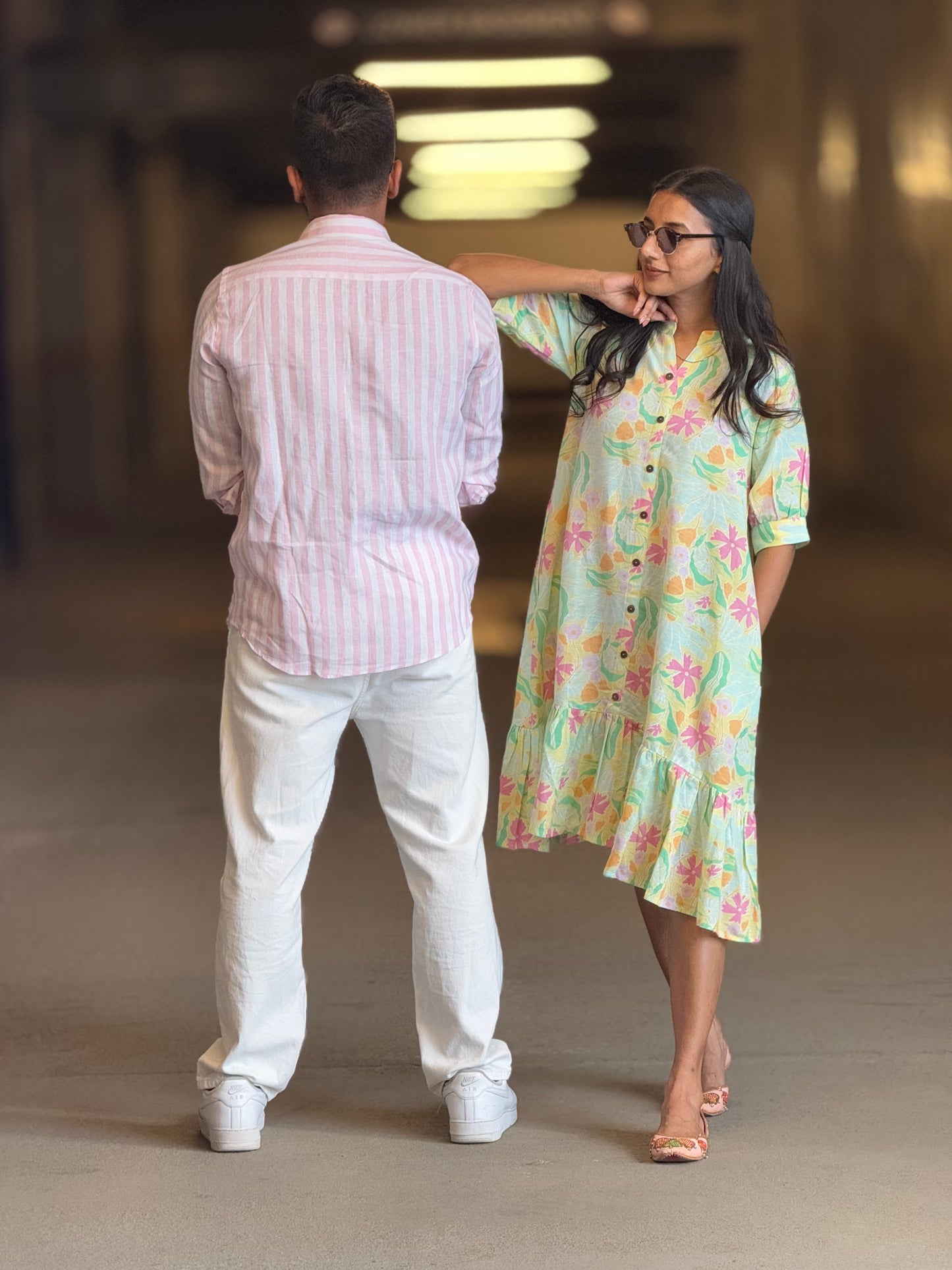 #MBA1908 Pink-pistachio floral linen dress
