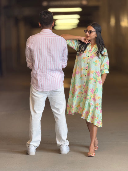 #MBA1908 Pink-pistachio floral linen dress