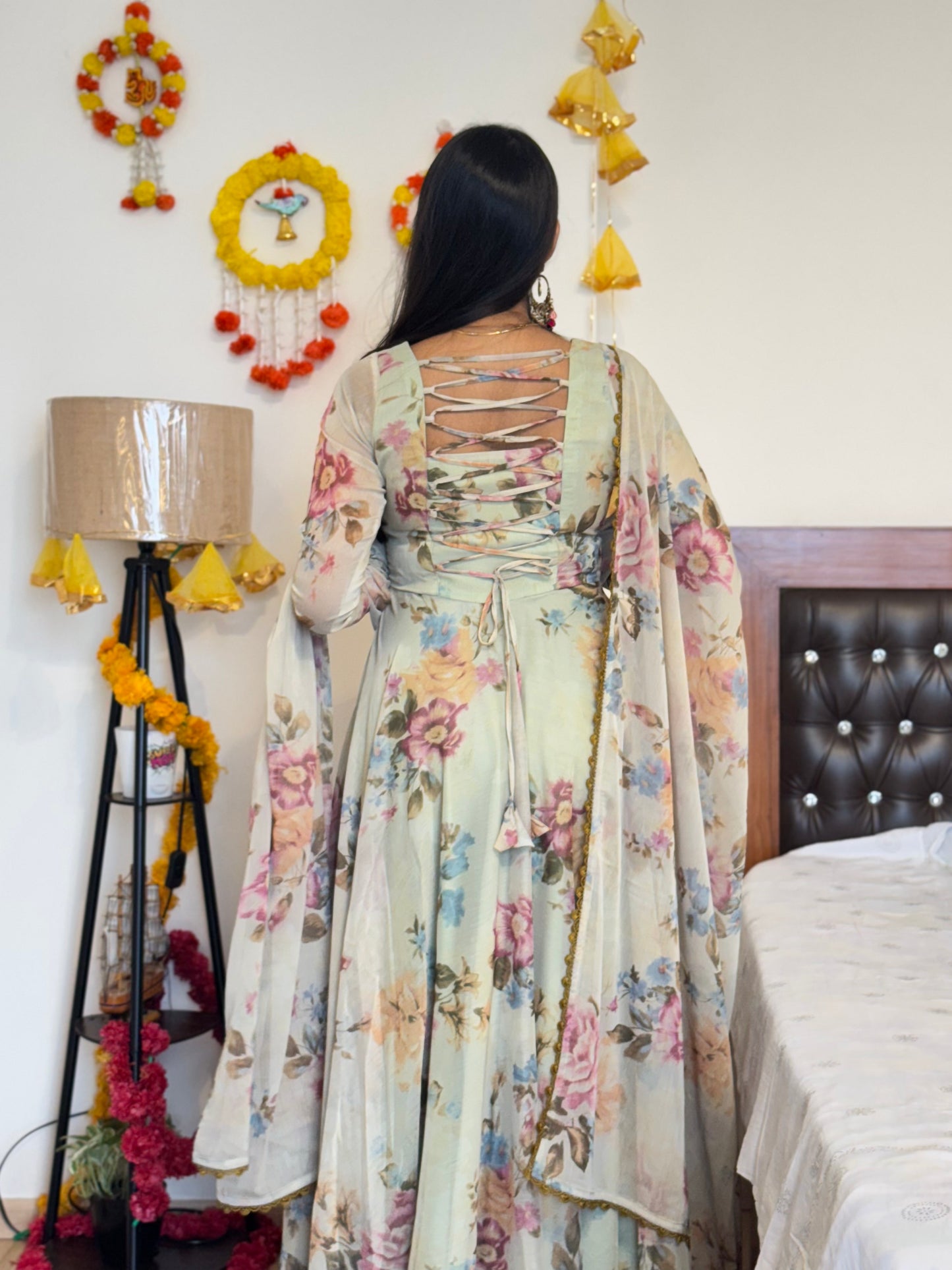#MBA2031 Pastel olive floral anarkali and dupatta