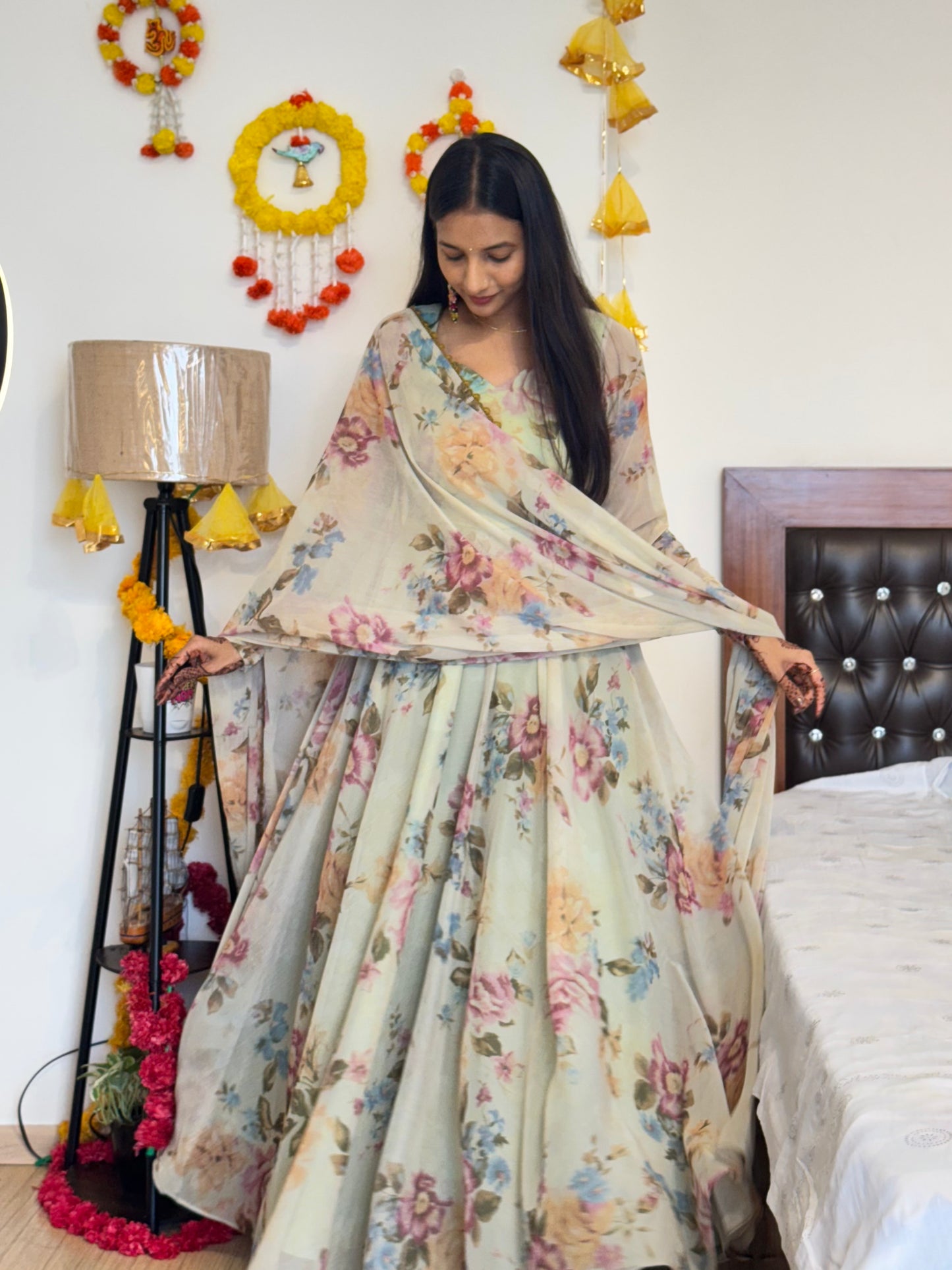 #MBA2031 Pastel olive floral anarkali and dupatta