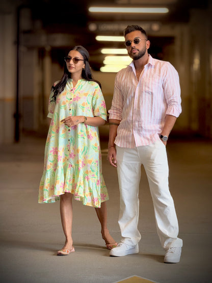 #MBA1908 Pink-pistachio floral linen dress