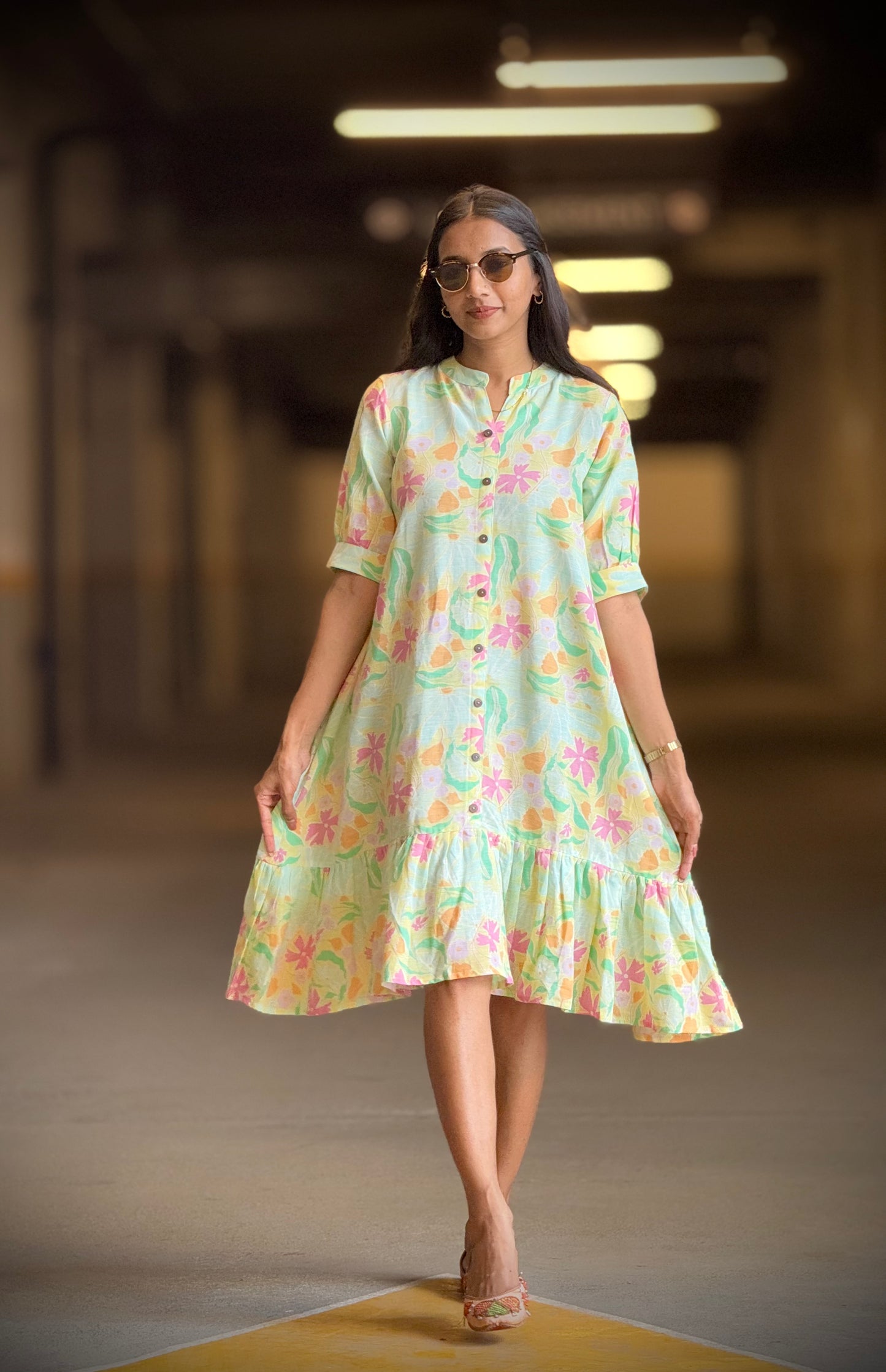 #MBA1908 Pink-pistachio floral linen dress
