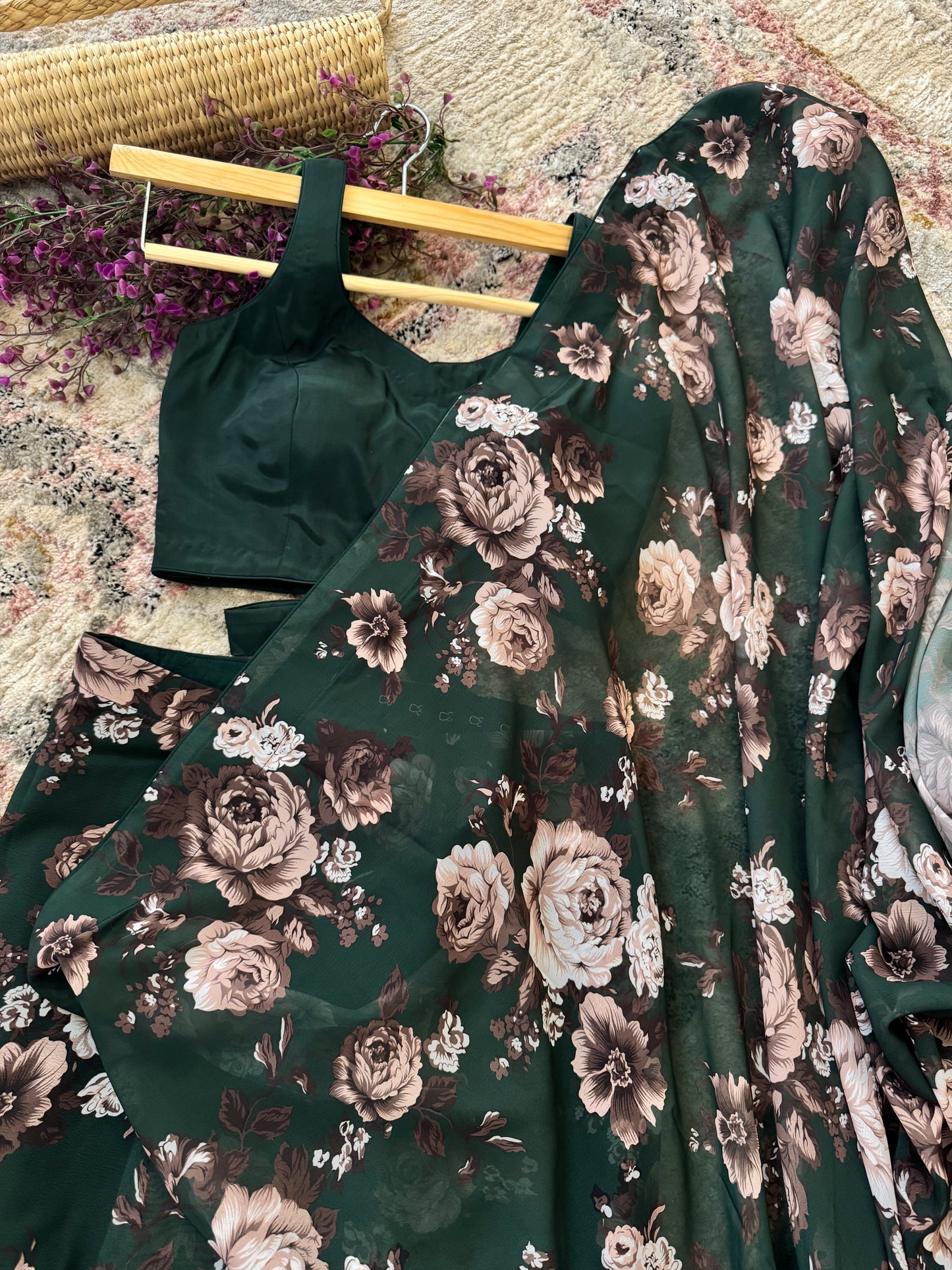 #MBA2098 Bottle Green rose 1 min saree and blouse
