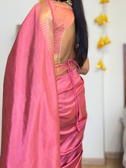 #MBA2038 Temple border 1 min silk saree and unstitched blouse - Pink
