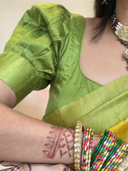 #MBA2039 Temple border 1 min silk saree and unstitched blouse -Yellow