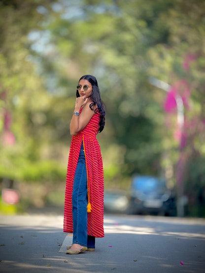 #MBA1913 Leheriya side slit kurti- Pink