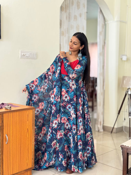 #MBA2105  Teal floral yoke  anarkali and dupatta