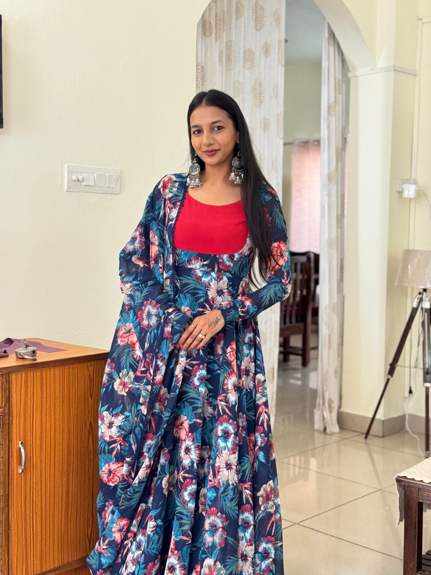 #MBA2105  Teal floral yoke  anarkali and dupatta