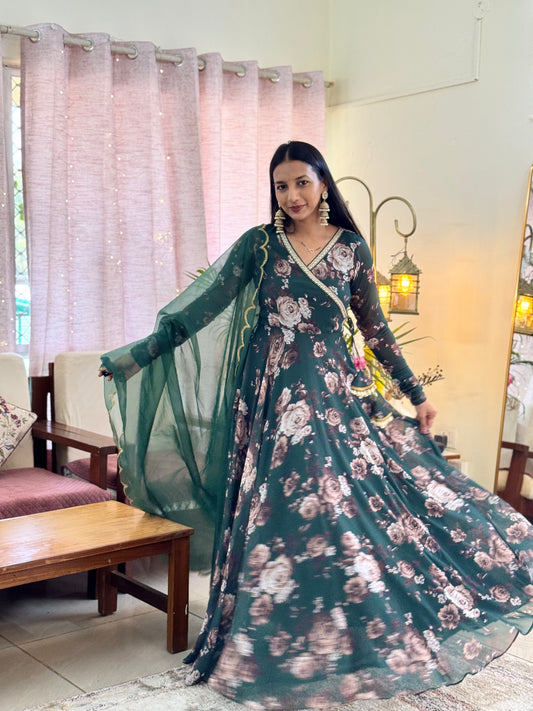 #MBA2106 Bottle green rose angrakha and dupatta