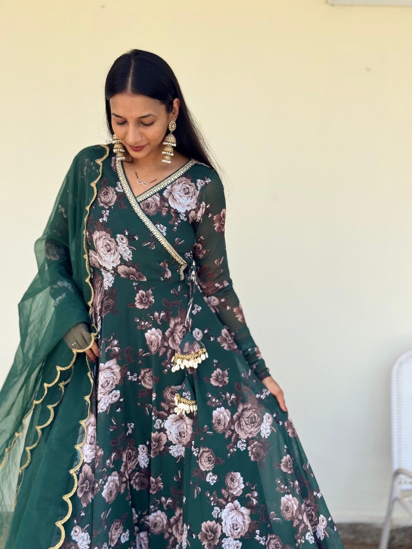 #MBA2106 Bottle green rose angrakha and dupatta