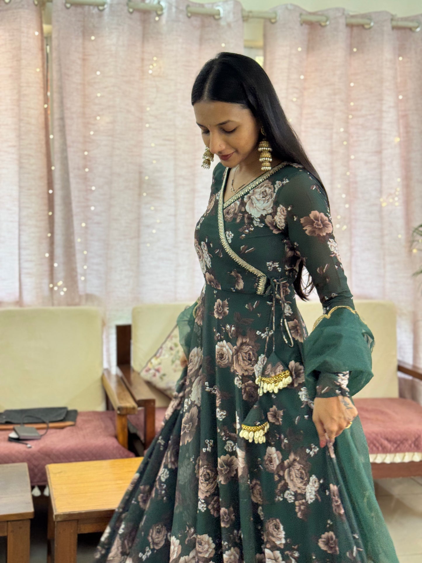 #MBA2106 Bottle green rose angrakha and dupatta