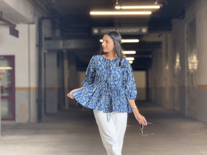 #MBA1922 Indigo blue floral cotton top
