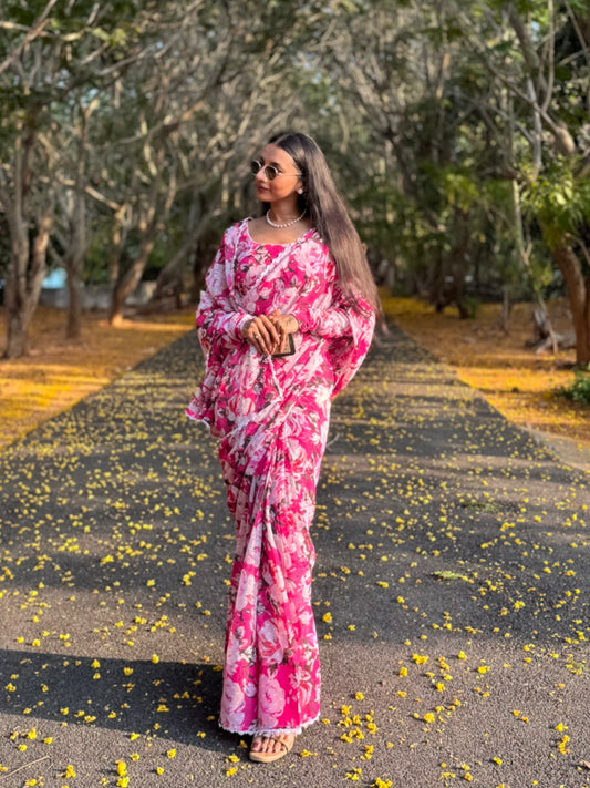 #MBA2112 Pink NOOR floral 1 min saree and blouse
