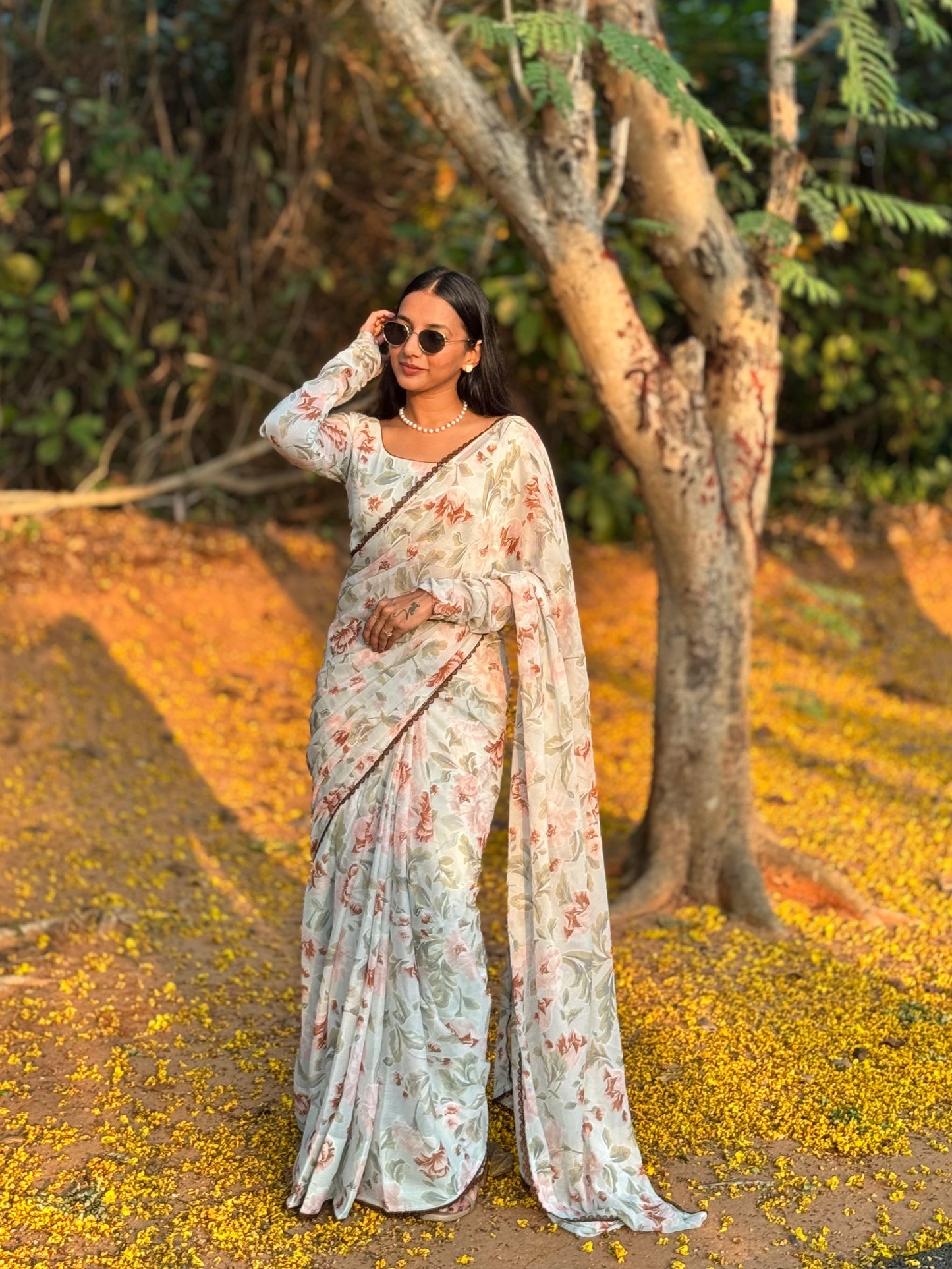 #MBA2111 Soft mint green floral 1 min saree and blouse