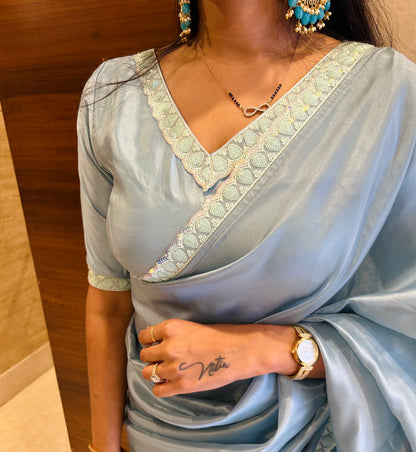 #MBA1621 Tissue silk 1 min saree and blouse- Pastel blue