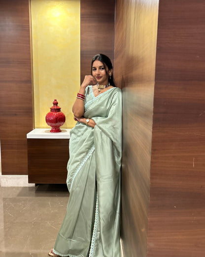 #MBA1643 Tissue silk 1 min saree and blouse- Pastel green