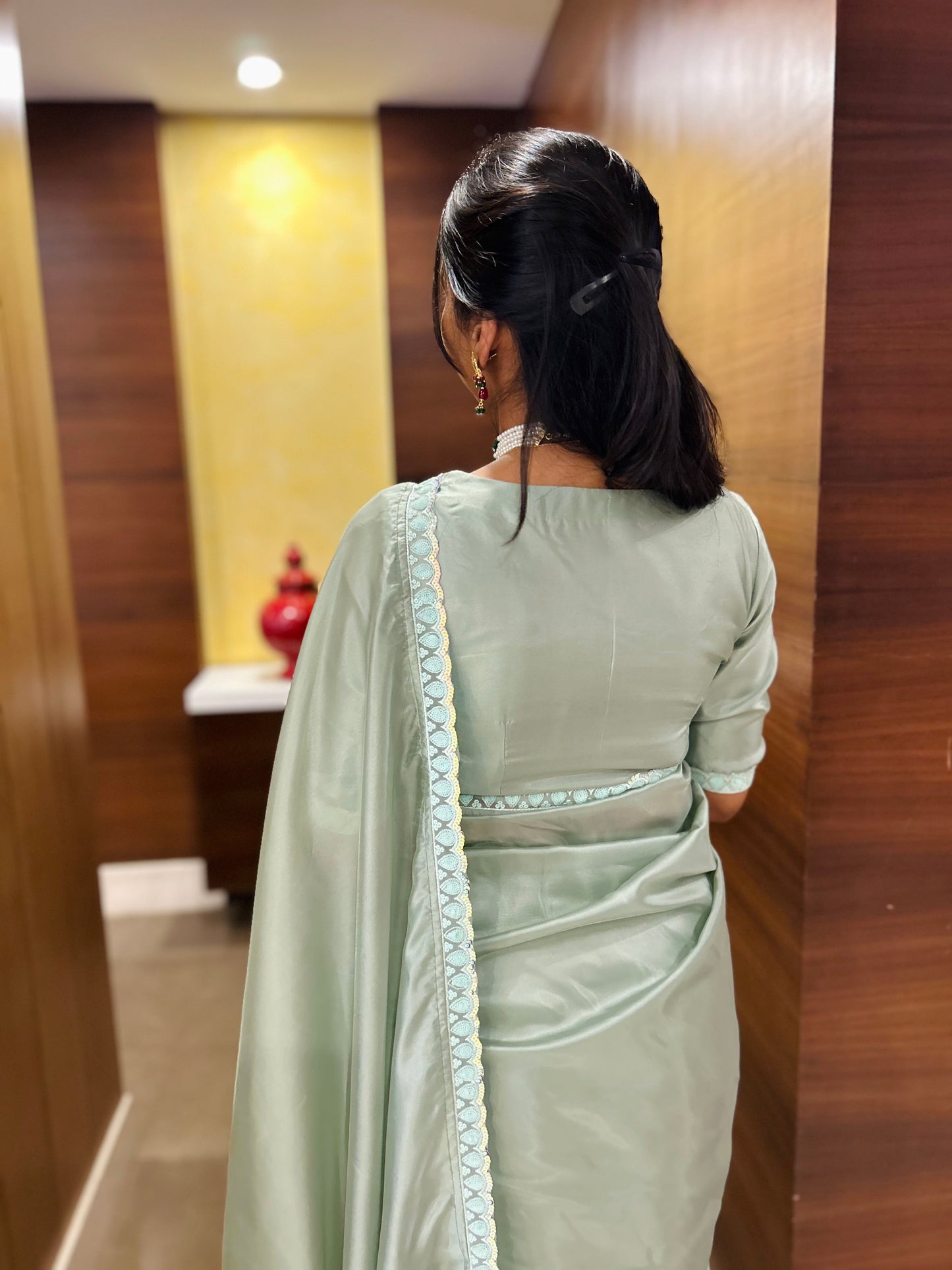 #MBA1643 Tissue silk 1 min saree and blouse- Pastel green