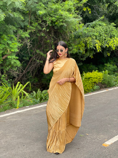 #MBA1987 Golden satin pleated 1 min saree and blouse