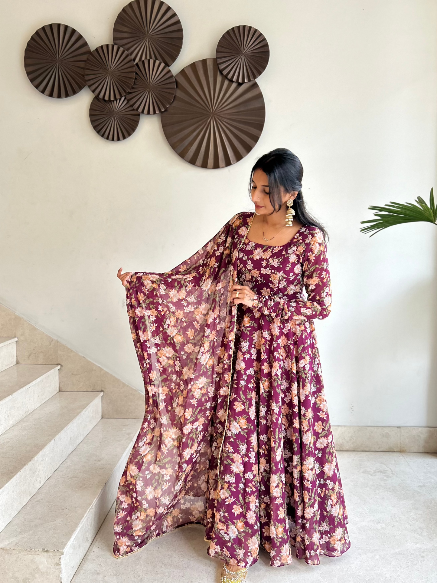 #MBA1945 Plum wine floral anarkali and dupatta