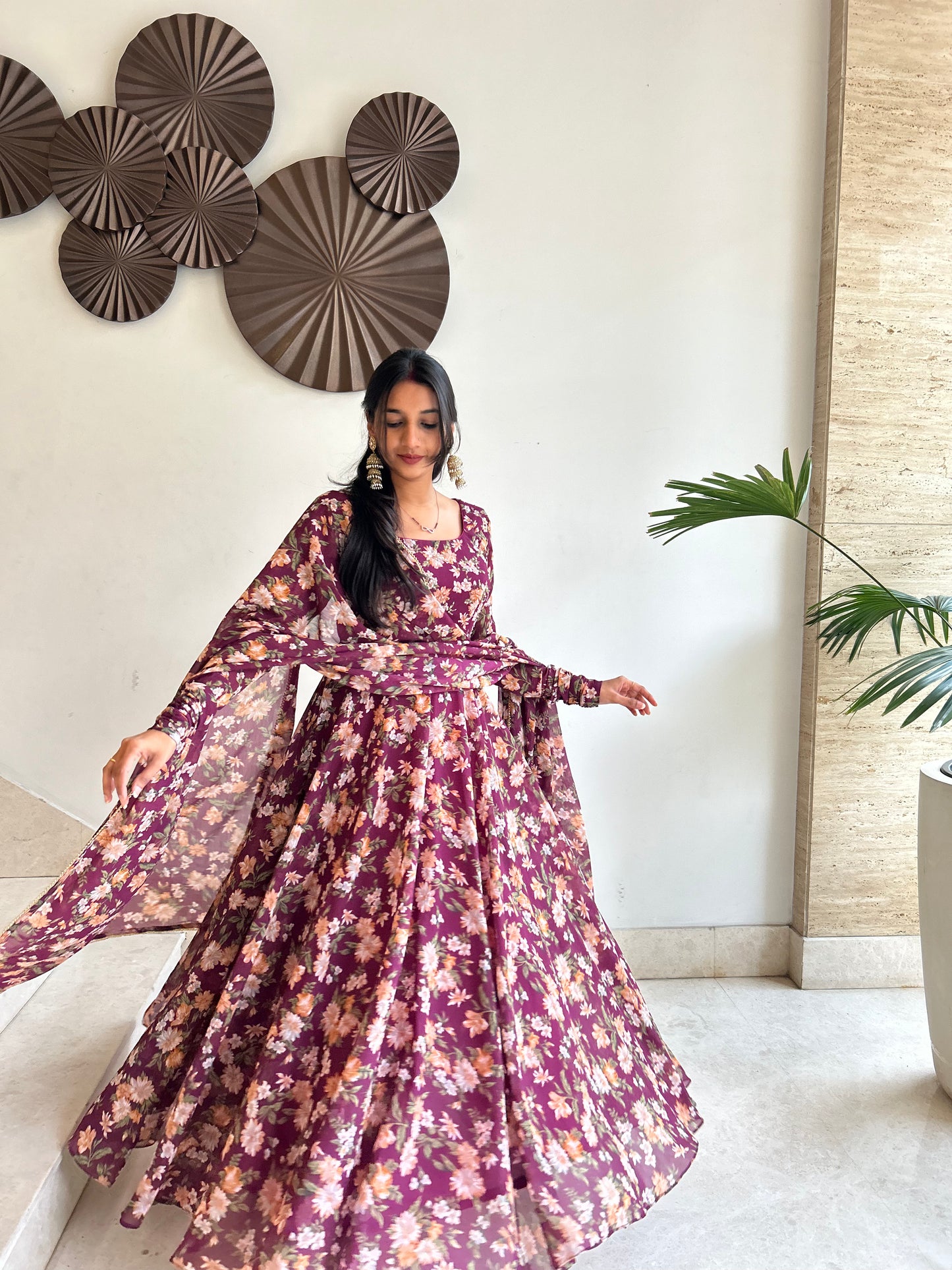 #MBA1945 Plum wine floral anarkali and dupatta