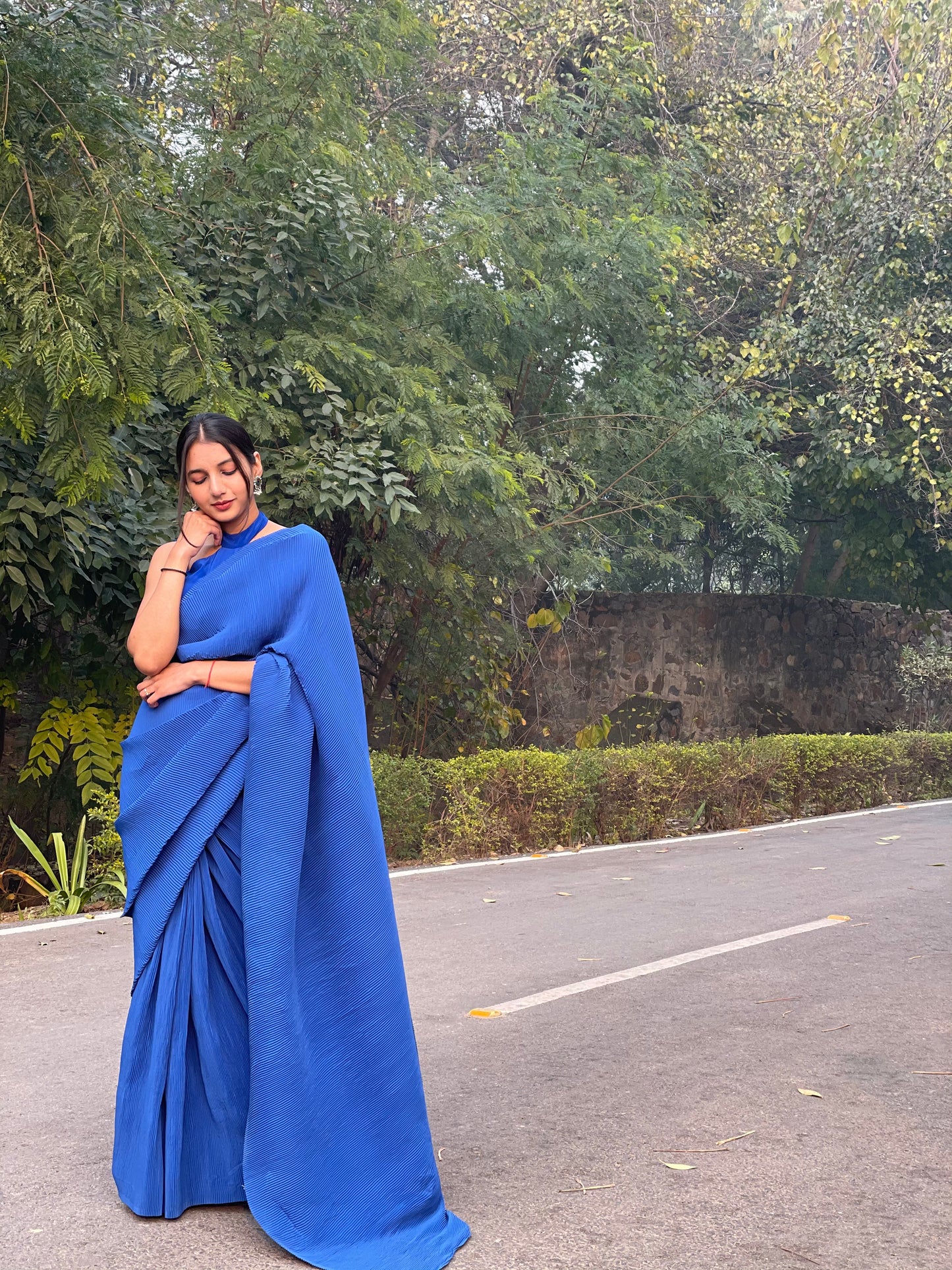 #MBA1985 Royal blue pleated 1 min saree (without blouse)
