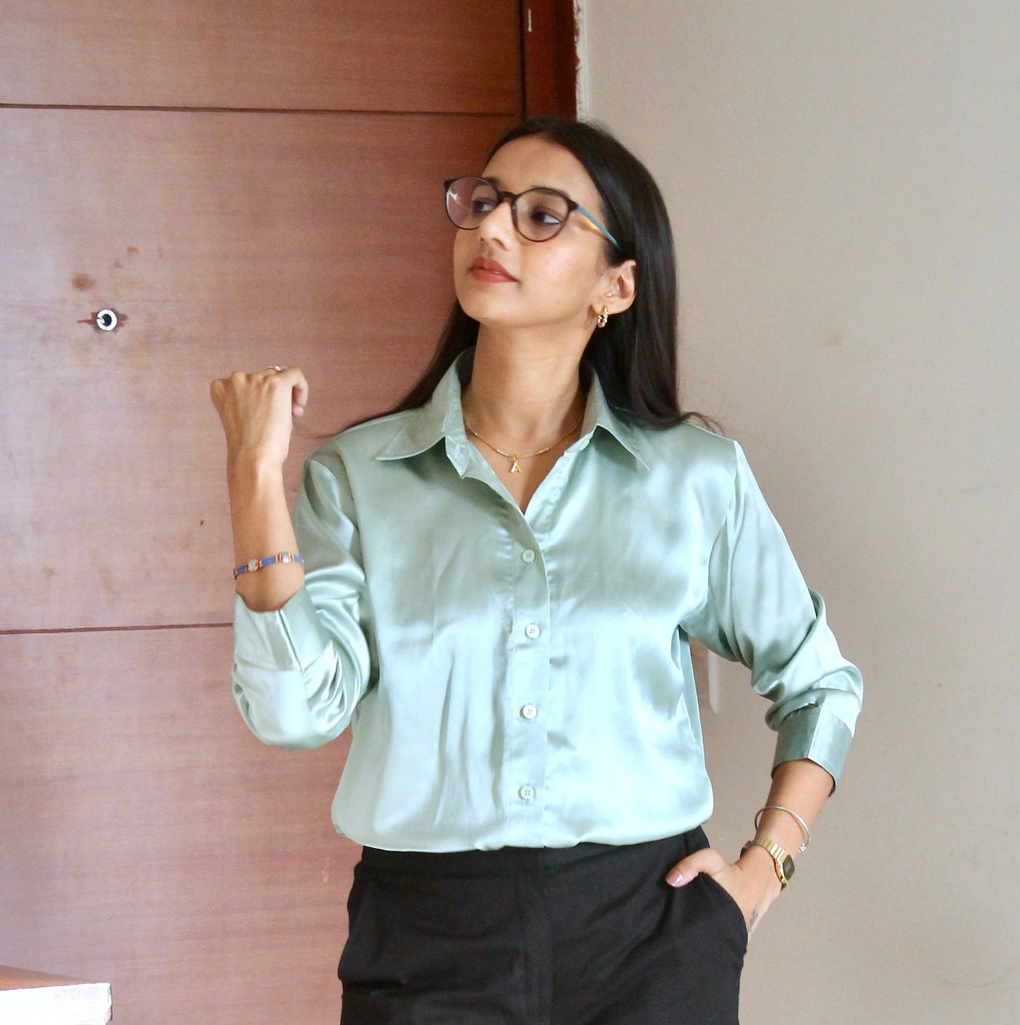 #MBA1936 Luxe formal satin shirt- Pistachio