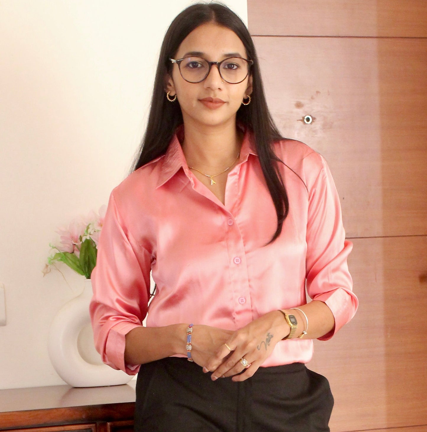 #MBA1932 Luxe formal satin shirt- Coral pink