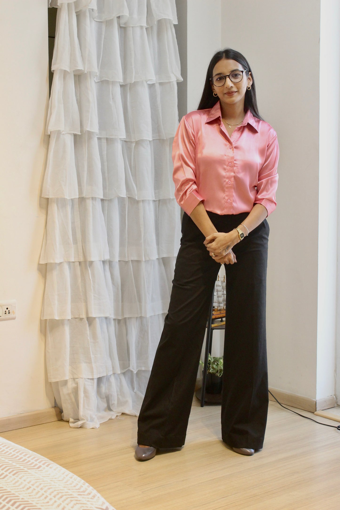 #MBA1932 Luxe formal satin shirt- Coral pink