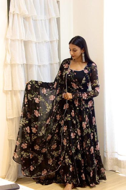 #MBA1946 Black floral anarkali and dupatta