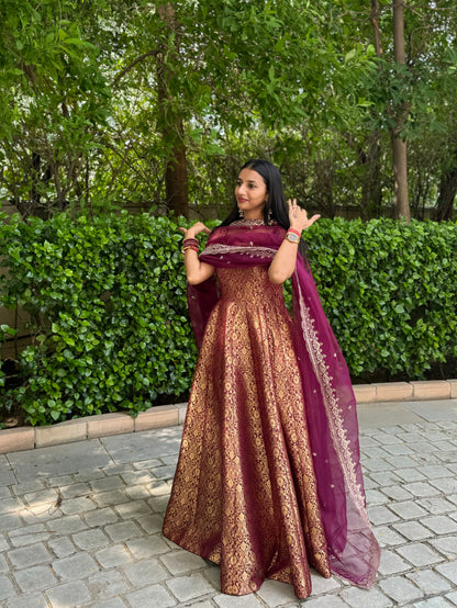 #MBA1683 Pure brocade silk anarkali with organza dupatta-wine