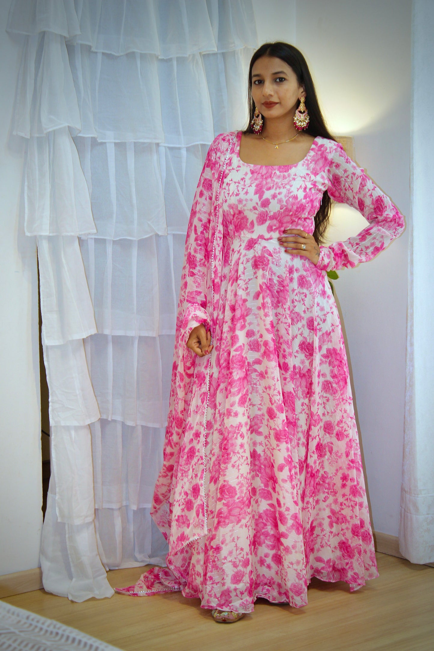 #MBA1939 Zinnia pink floral anarkali and dupatta
