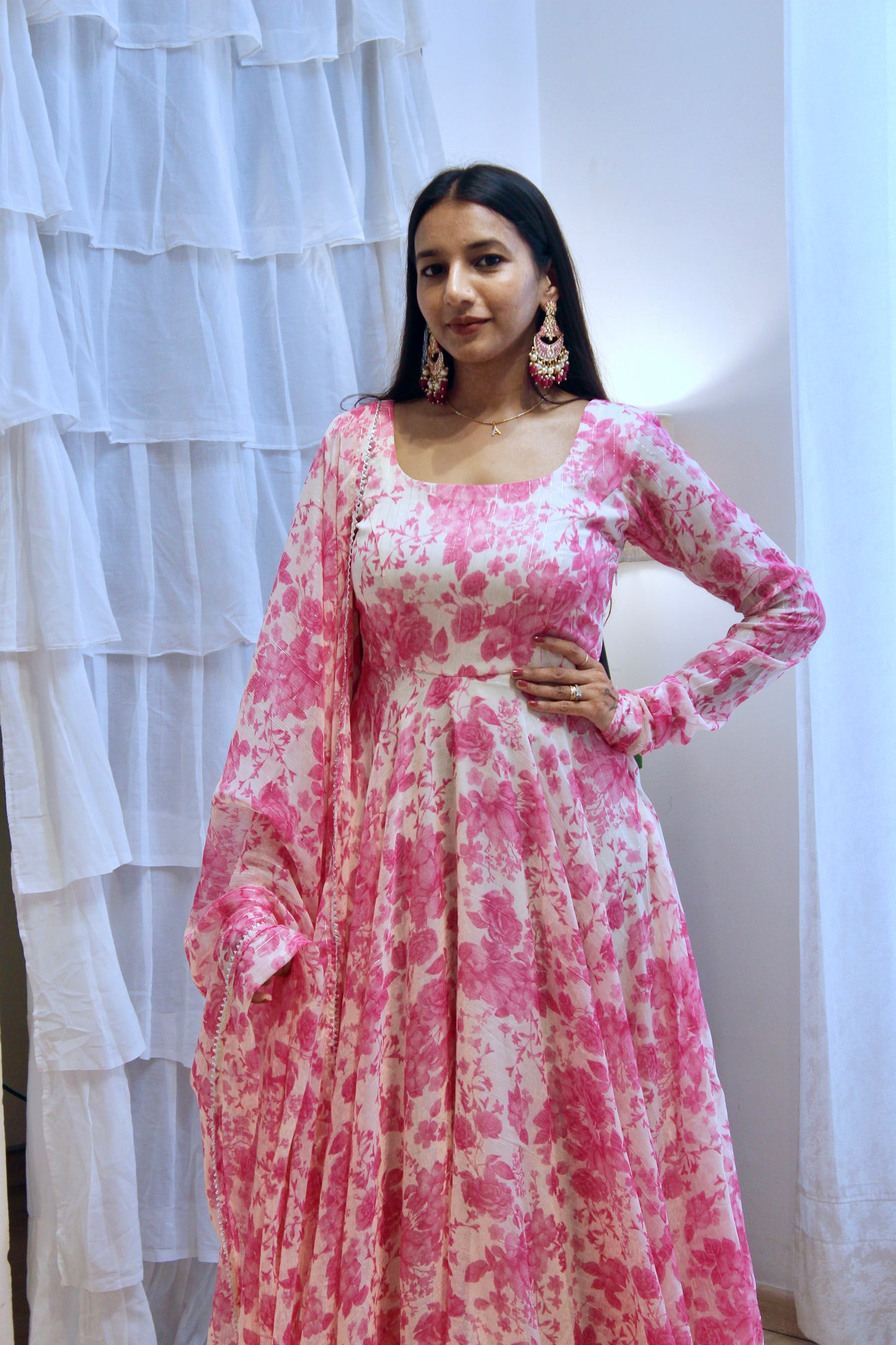 #MBA1939 Zinnia pink floral anarkali and dupatta