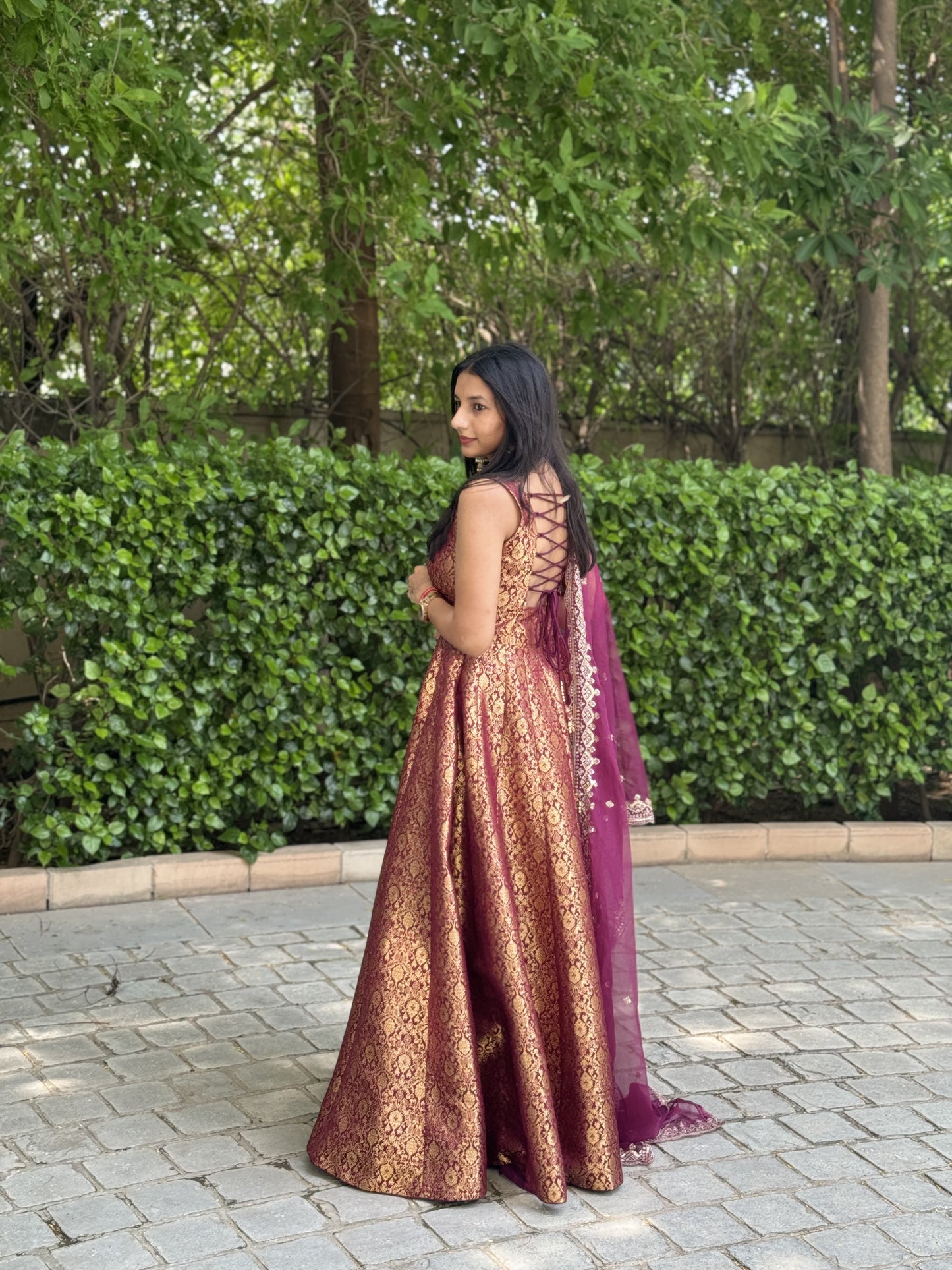 #MBA1683 Pure brocade silk anarkali with organza dupatta-wine