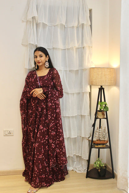 #MBA1944 Maroon floral anarkali and dupatta