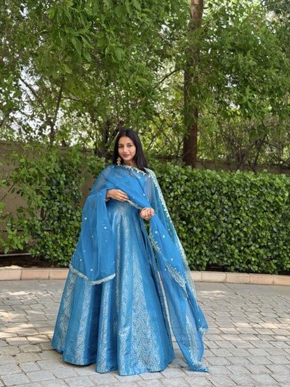 #MBA1684 Pure brocade silk anarkali with organza dupatta-Blue