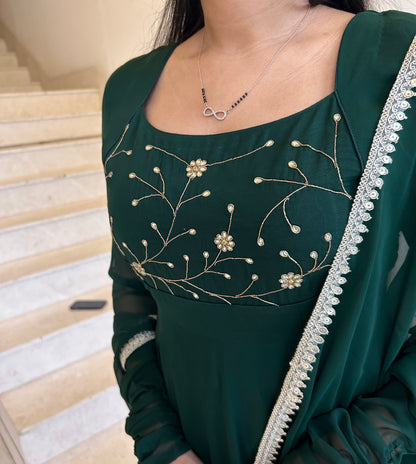 #MBA1648 Bottle green yoke hand embroidered anarkali and dupatta