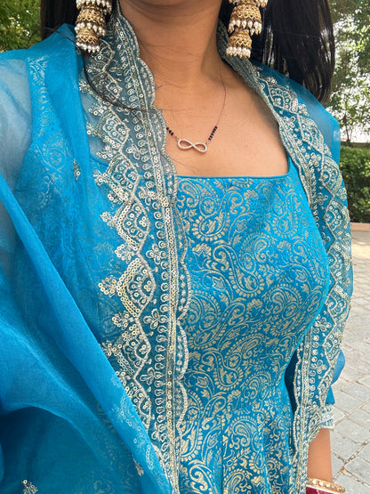 #MBA1684 Pure brocade silk anarkali with organza dupatta-Blue