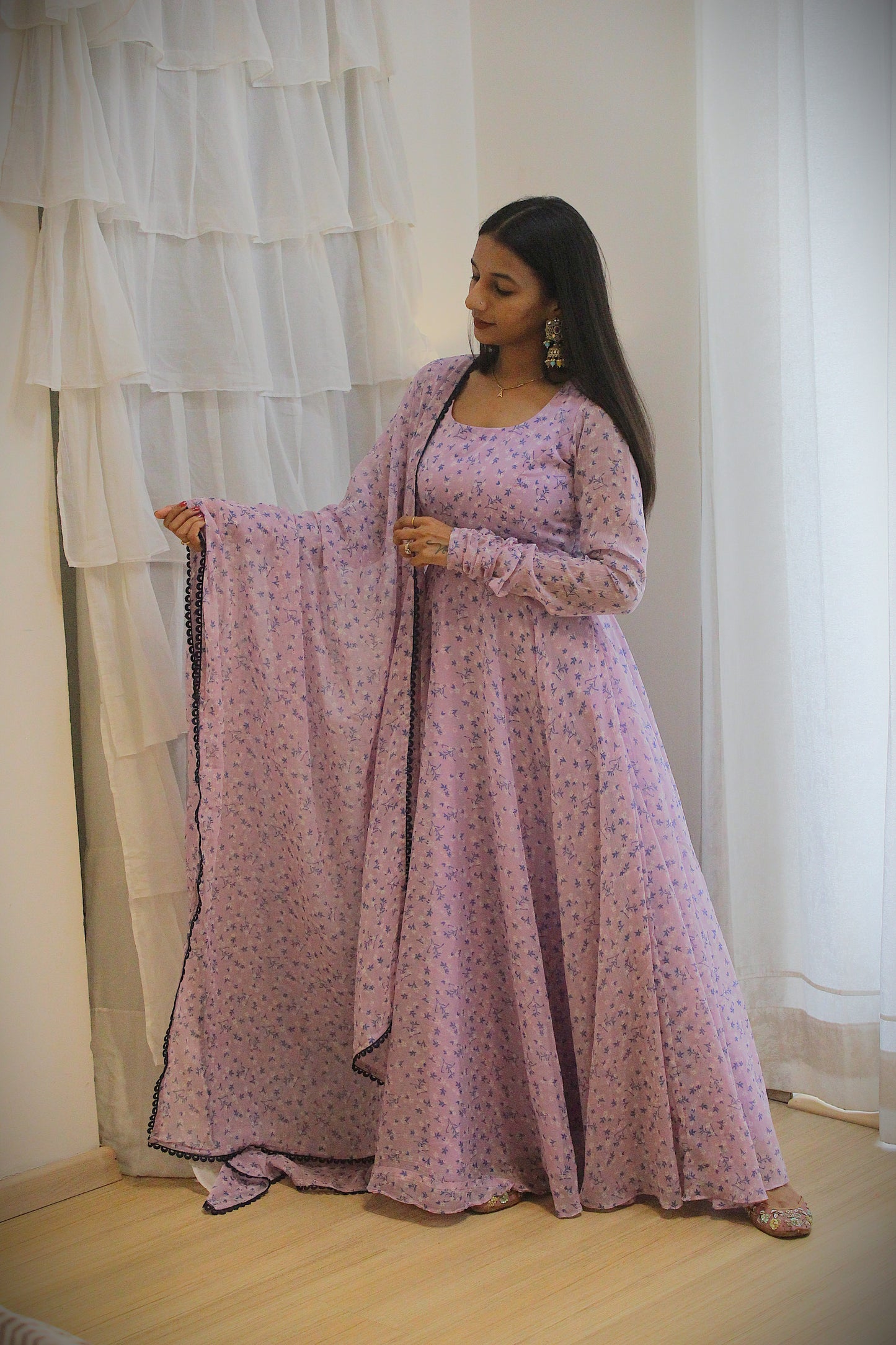 #MBA1943 Lavender floral anarkali and dupatta