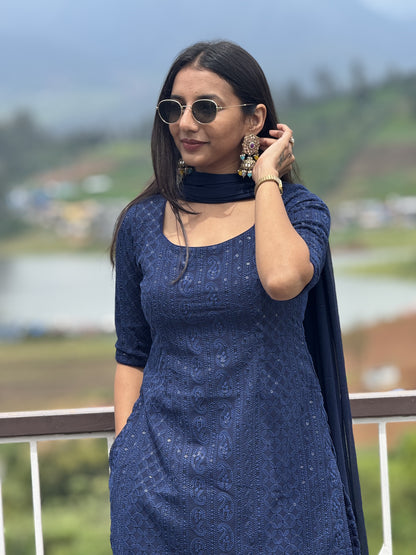 #MBA2037 Sequin embroidery ethnic co-ord set- Dark Blue