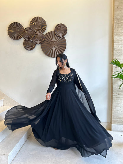 #MBA1646 Black yoke hand embroidered anarkali and dupatta