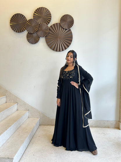 #MBA1646 Black yoke hand embroidered anarkali and dupatta