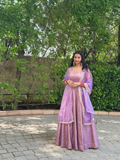 #MBA1685 Pure brocade silk anarkali with organza dupatta-Lavender