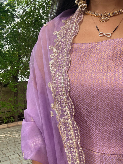 #MBA1685 Pure brocade silk anarkali with organza dupatta-Lavender
