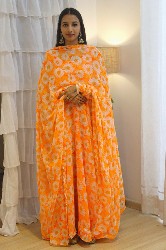 #MBA1940 Orange daisy anarkali and dupatta