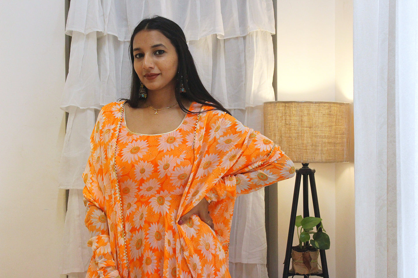 #MBA1940 Orange daisy anarkali and dupatta