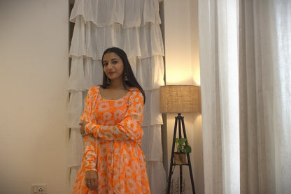 #MBA1940 Orange daisy anarkali and dupatta