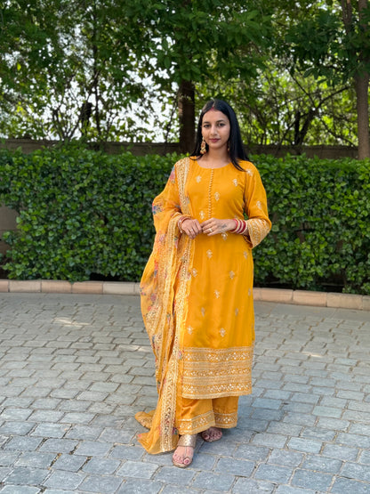 #MBA1687 Zari border suit set- Mustard yellow
